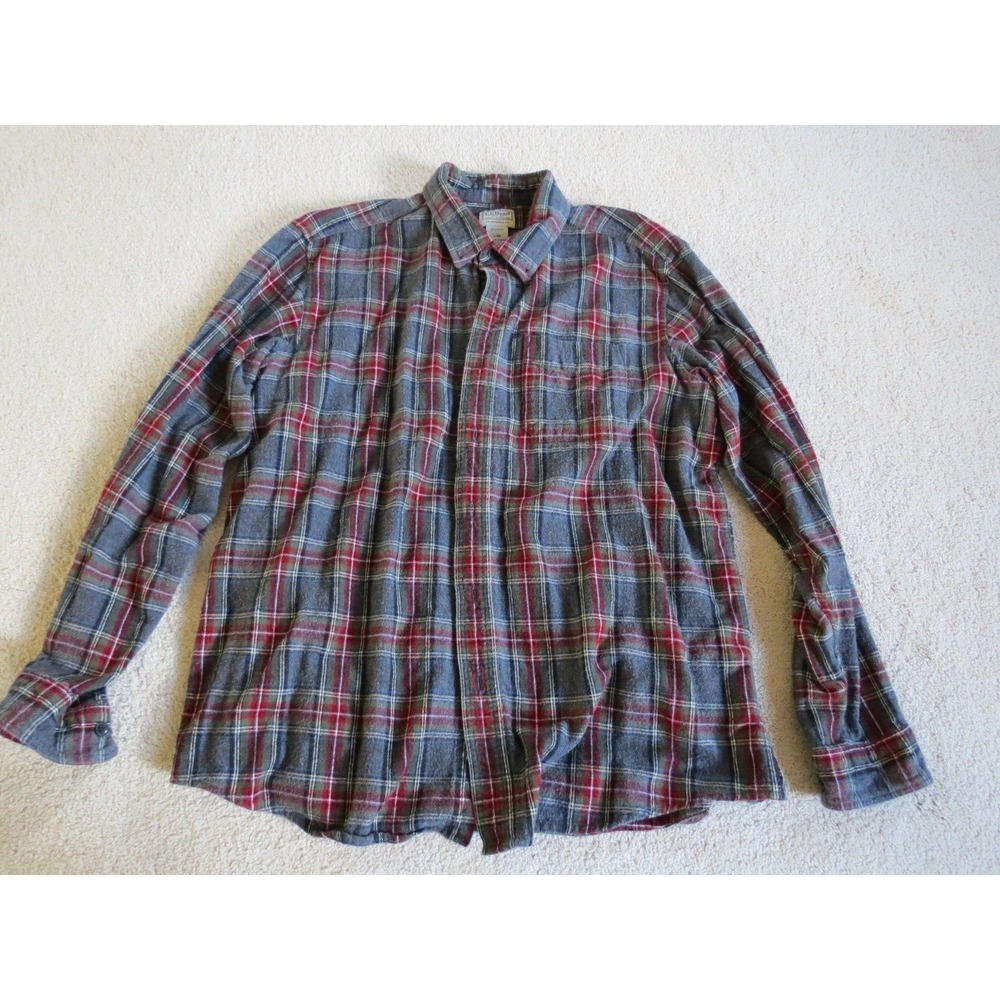LL Bean Mens Red Gray Flannel Button Down Shirt Size Large Long Sleeve